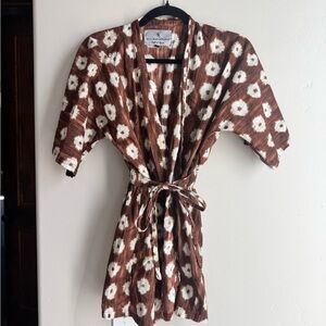 Boho Ikat Kimono Blouse Four Seasons Bali Tie Waist Chocolate Brown Floral Top